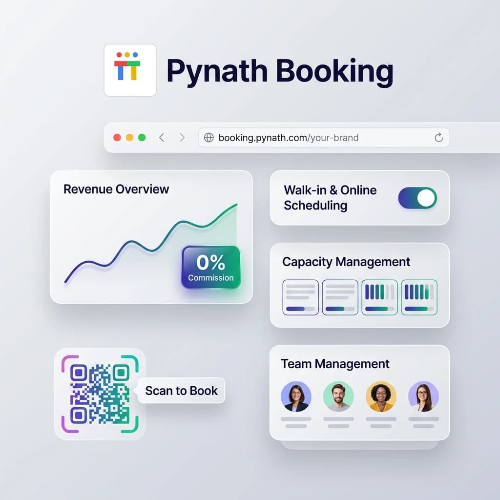 Pynath Booking comprehensive features dashboard showing 0% commission revenue tracking, multi-staff team management, custom branded booking links, and QR code scheduling.